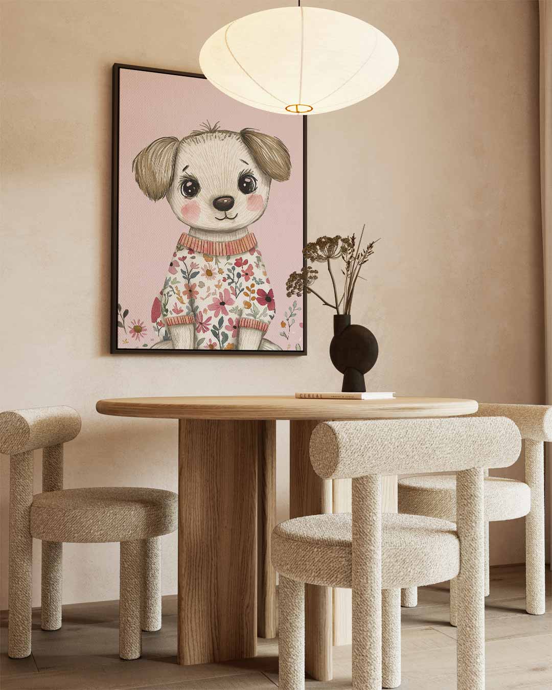 Schattig Bloemenhondje – kunstwerk met zwarte baklijst