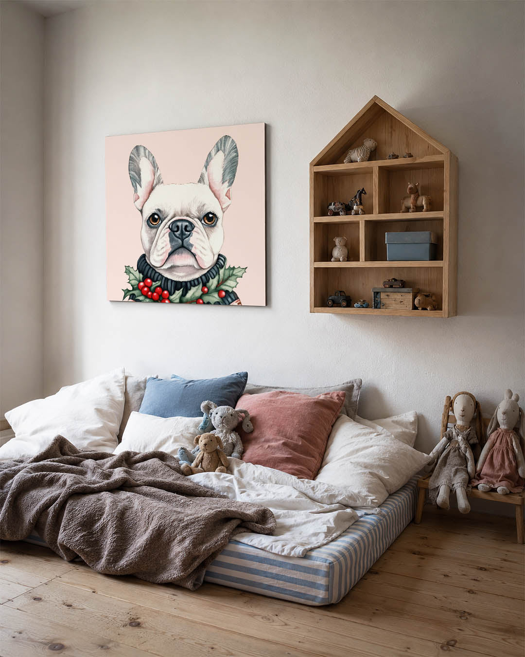 Hond met kerstkrans kunstwerk – derde productweergave – dit werk toont een hond met een gedetailleerde kerstkrans. De zachte