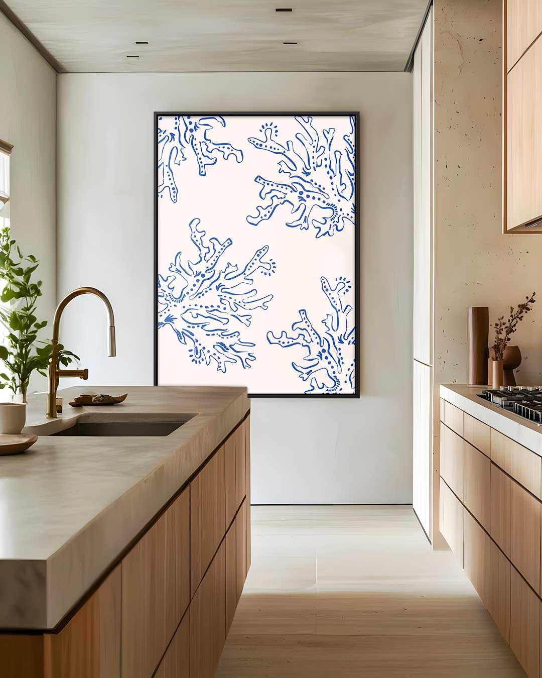 Abstracte Blauwe Koraalpatroon – staand kunstwerk voor modern interieur