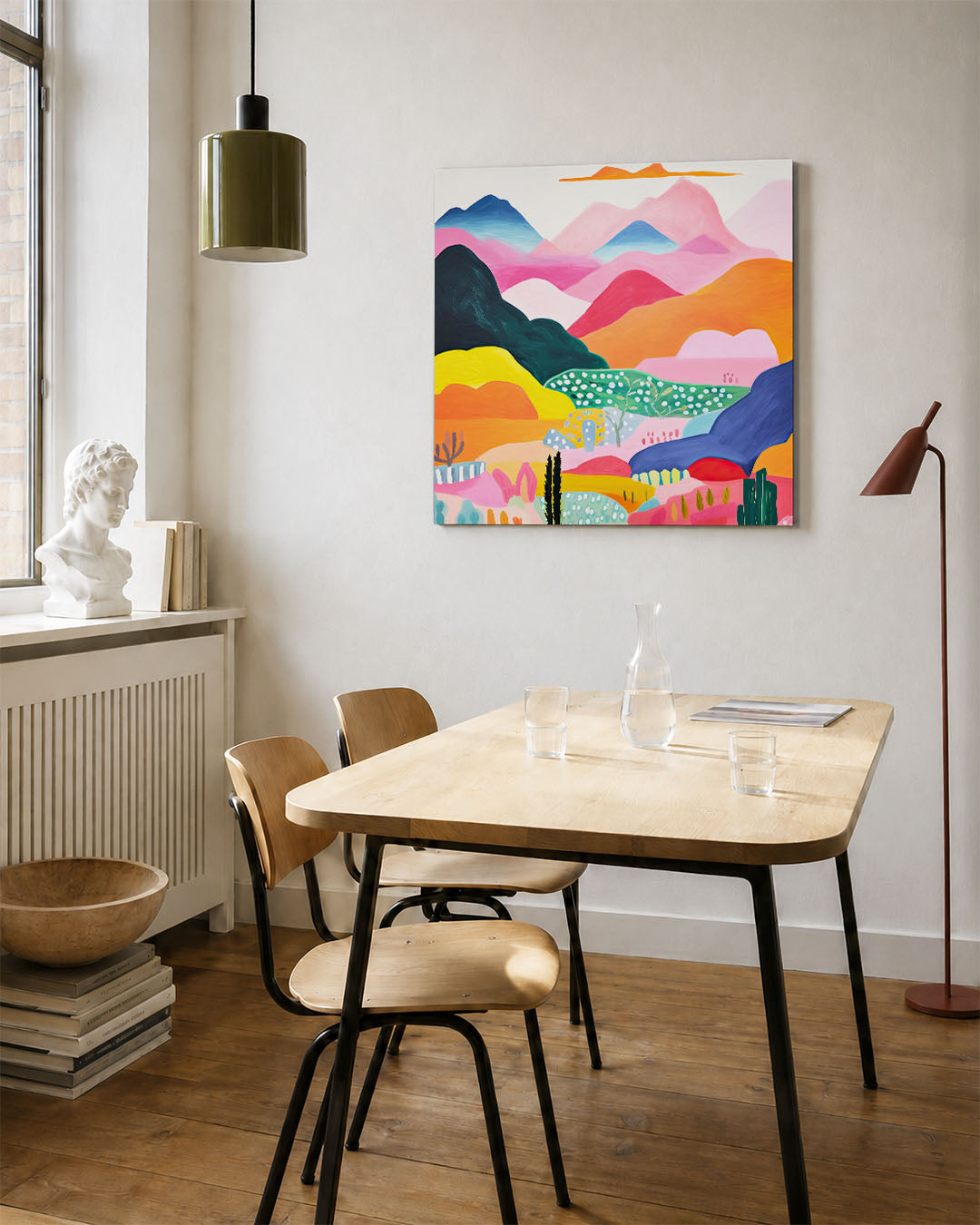 Kleurrijke berglandschap kunstwerk – vierkante wanddecoratie – dit werk toont een levendig berglandschap met golvende vormen