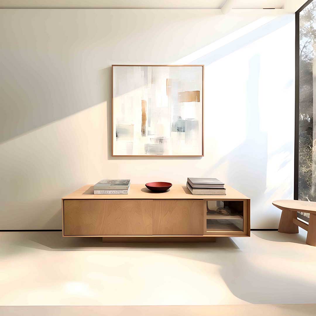 Abstracte beige en grijze vlakken – vierkante zachte abstracte wanddecoratie van WallArtistic