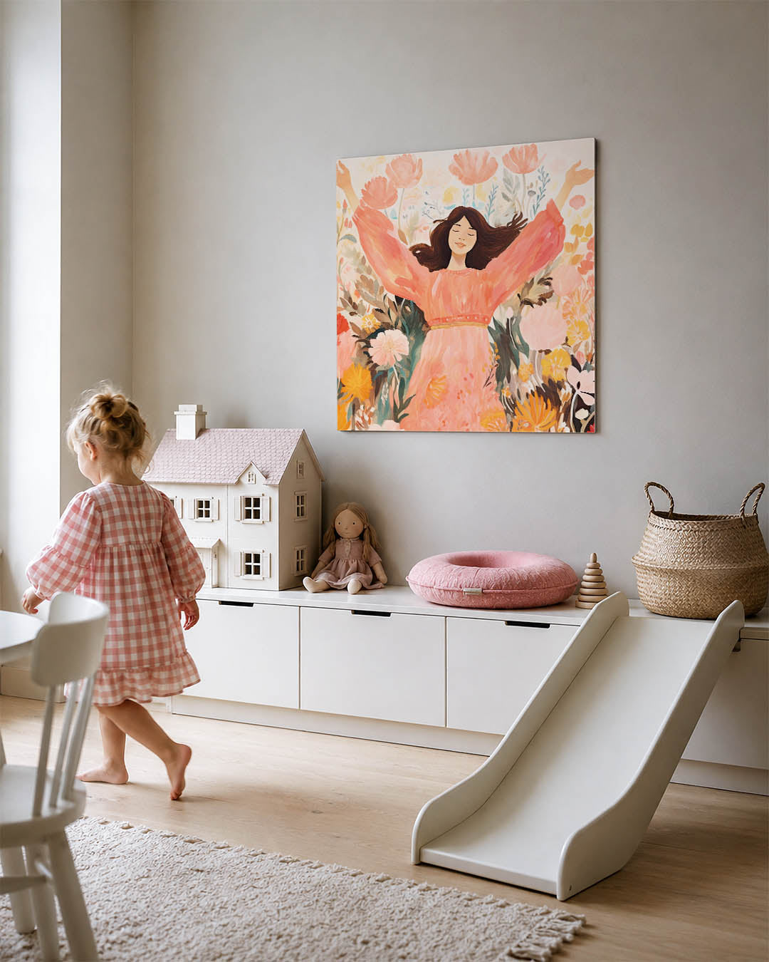 Vrolijke bloemenpracht kunstwerk – tweede productweergave – dit werk toont een vrouw omringd door kleurrijke bloemen. De