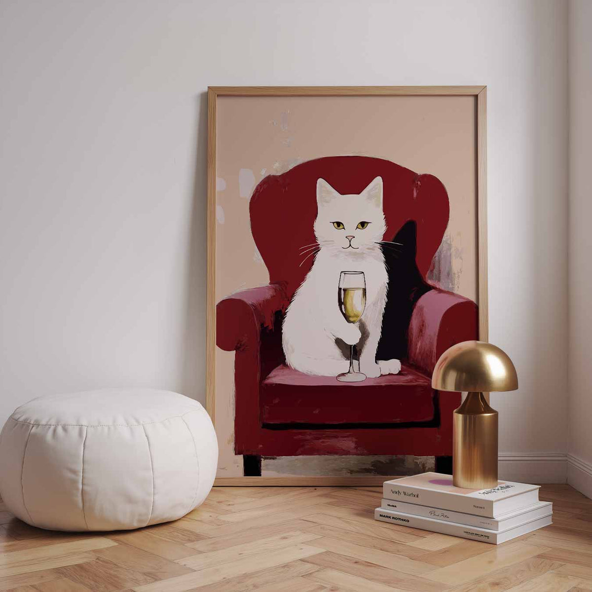 Relaxte Kat met Champagne – dieren poster in staand formaat