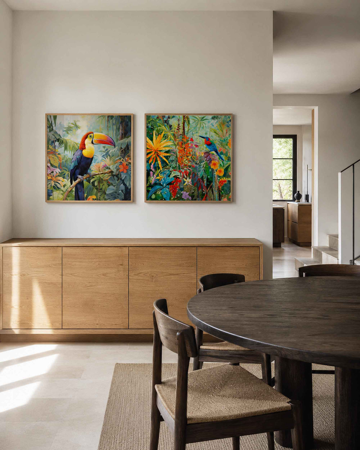 Interieurpresentatie van een tweedelige vierkante posterset met toekans in tropisch groen