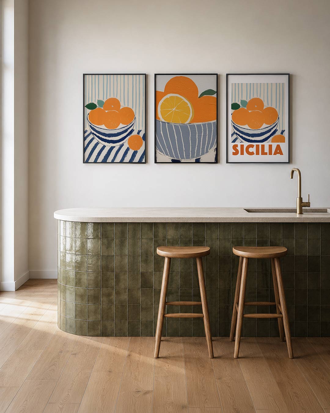 Fruit en strepen posterset – tweede productweergave – een kom met feloranje vruchten op een gestreepte achtergrond