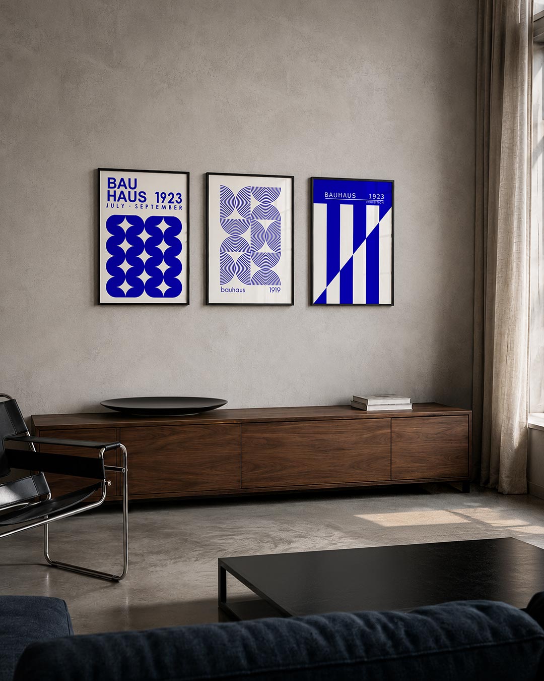 Vorm en ritme posterset – tweede productweergave – deze posterset in drie delen toont een speelse ordening van blauwe vormen