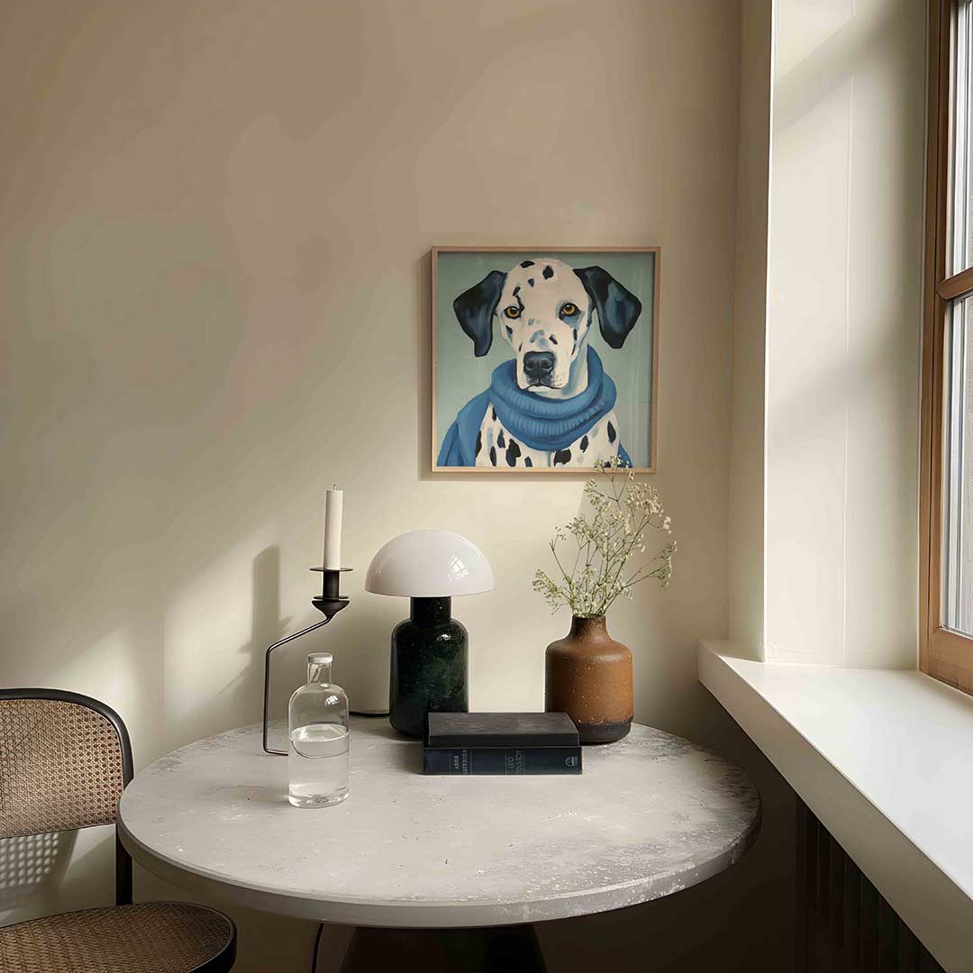 Dalmatier met blauwe trui – dieren poster in vierkant formaat