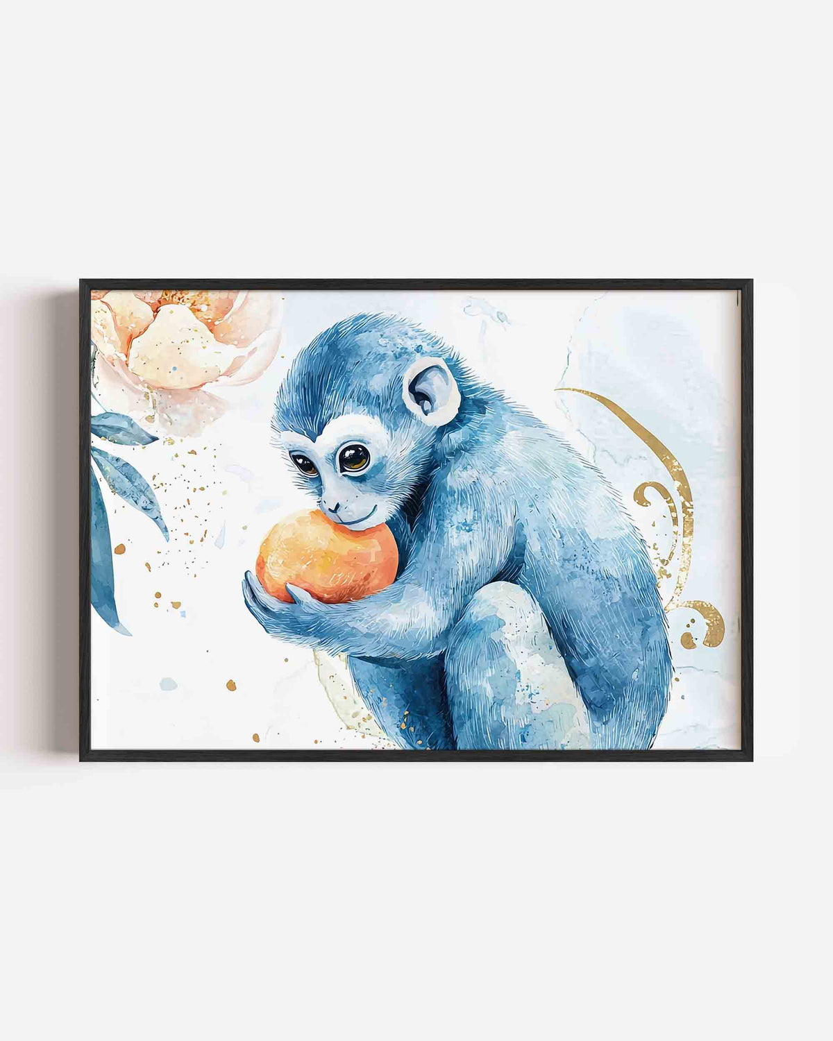 Blauwe aap met sinaasappel – dieren landscape poster als wanddecoratie