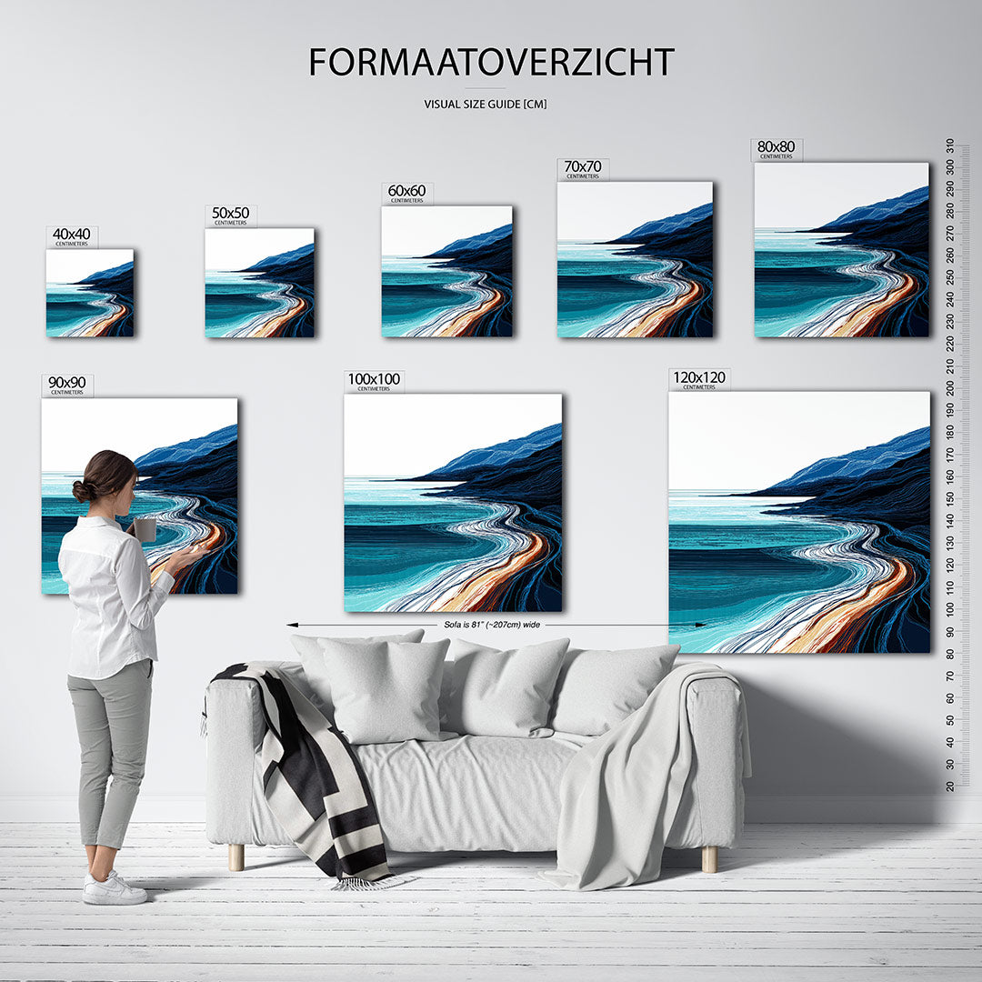 Golvende kustlijnen kunstwerk – materiaalweergave – dit werk toont vloeiende lijnen die een kustlandschap vormen, met