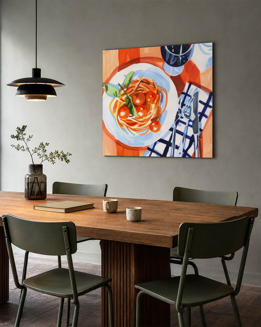Dynamisch eettafereel kunstwerk – tweede productweergave – dit kunstwerk toont een kleurrijk tafereel met een bord spaghetti