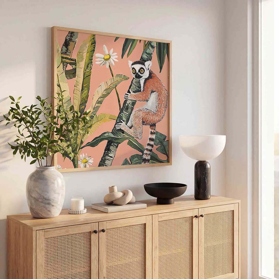 Lemur met bloemen – dierenillustratie als vierkante poster