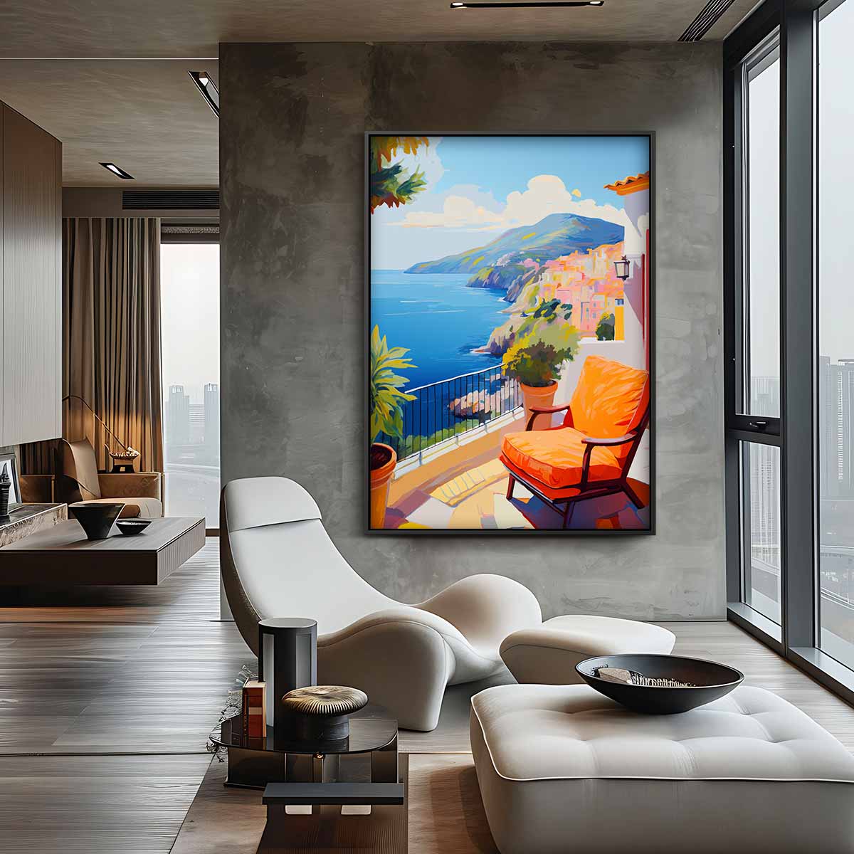Zonovergoten Terras aan de Kust – canvas wanddecoratie in portret formaat