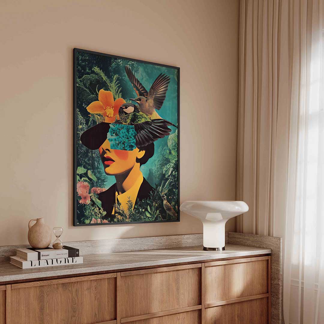 Vogels en bloemen collage – surreal poster in staand formaat