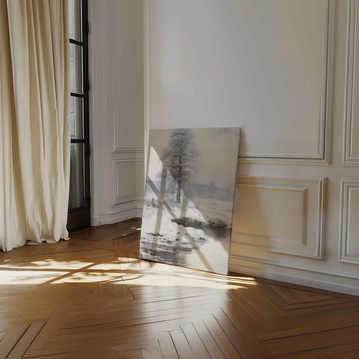Winterlandschap met Sneeuw en Vijver – staand kunstwerk voor modern interieur