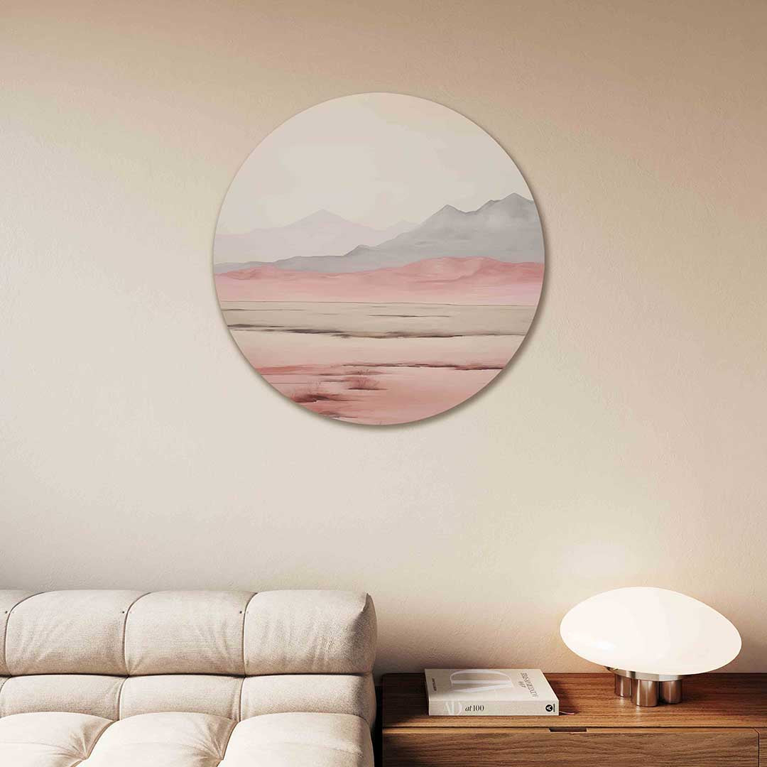 Landschap in zachte tinten – kleurrijke Pop Art muurcirkel voor aan de muur