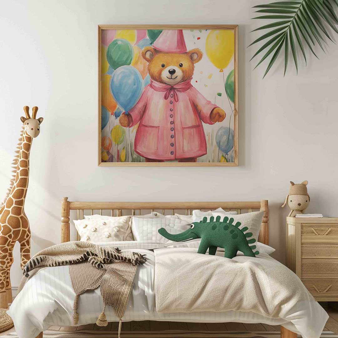 Beer met ballonnen – vierkante kinderkamer wanddecoratie van WallArtistic