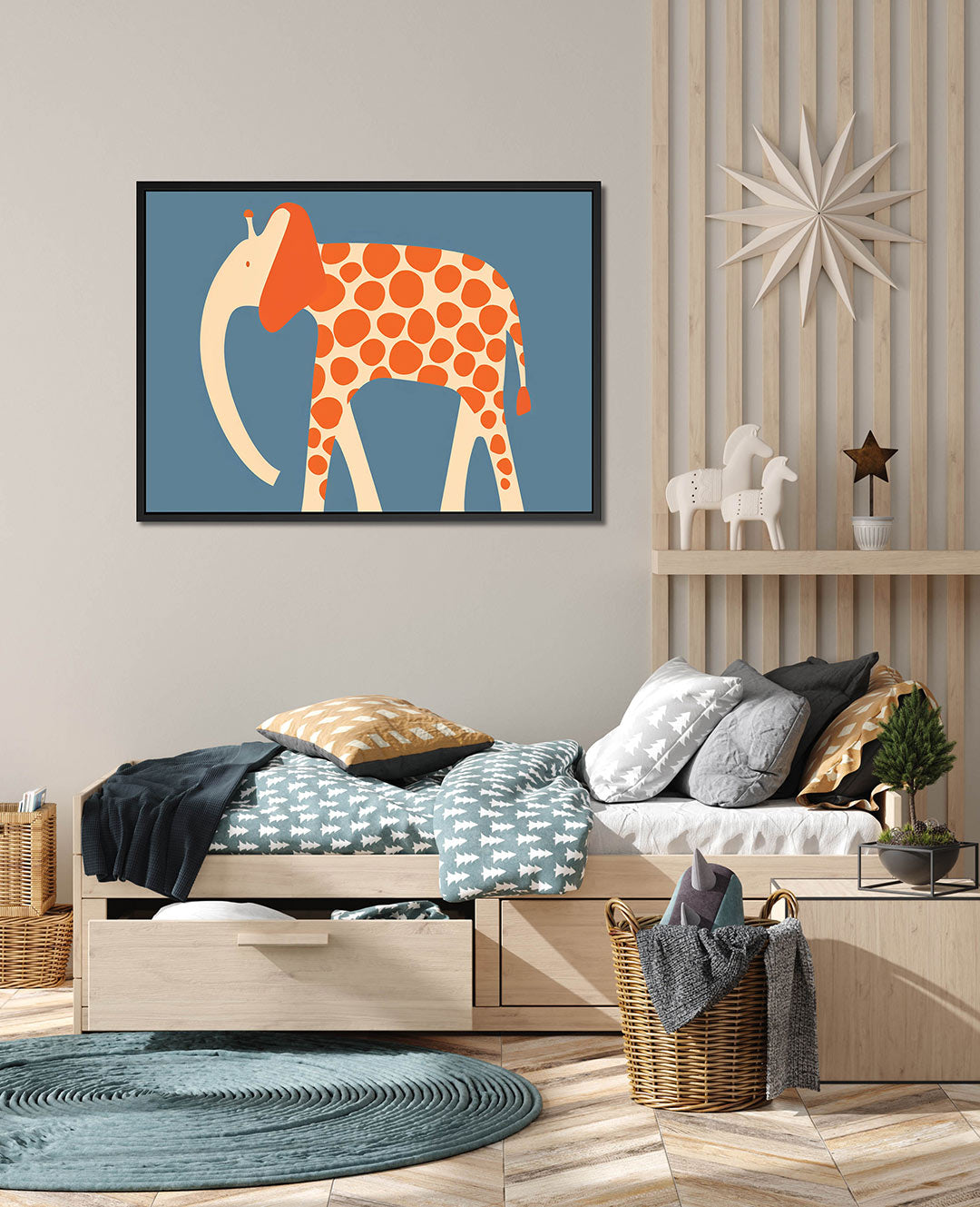 Speelse olifant illustratie – Olifant – wanddecoratie in interieur