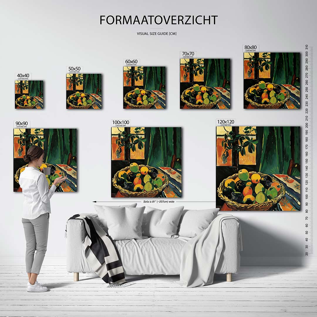 Fruitmand met groene gordijn kunstwerk – materiaalweergave – dit werk toont een mand vol kleurrijk fruit op een tafel, met