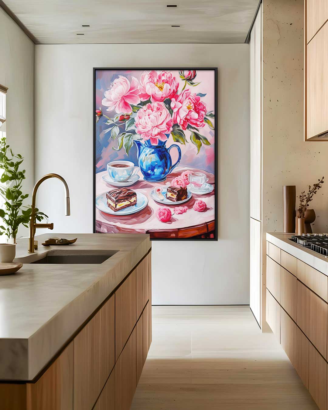Bloemrijke koffie moment – staand kunstwerk voor modern interieur