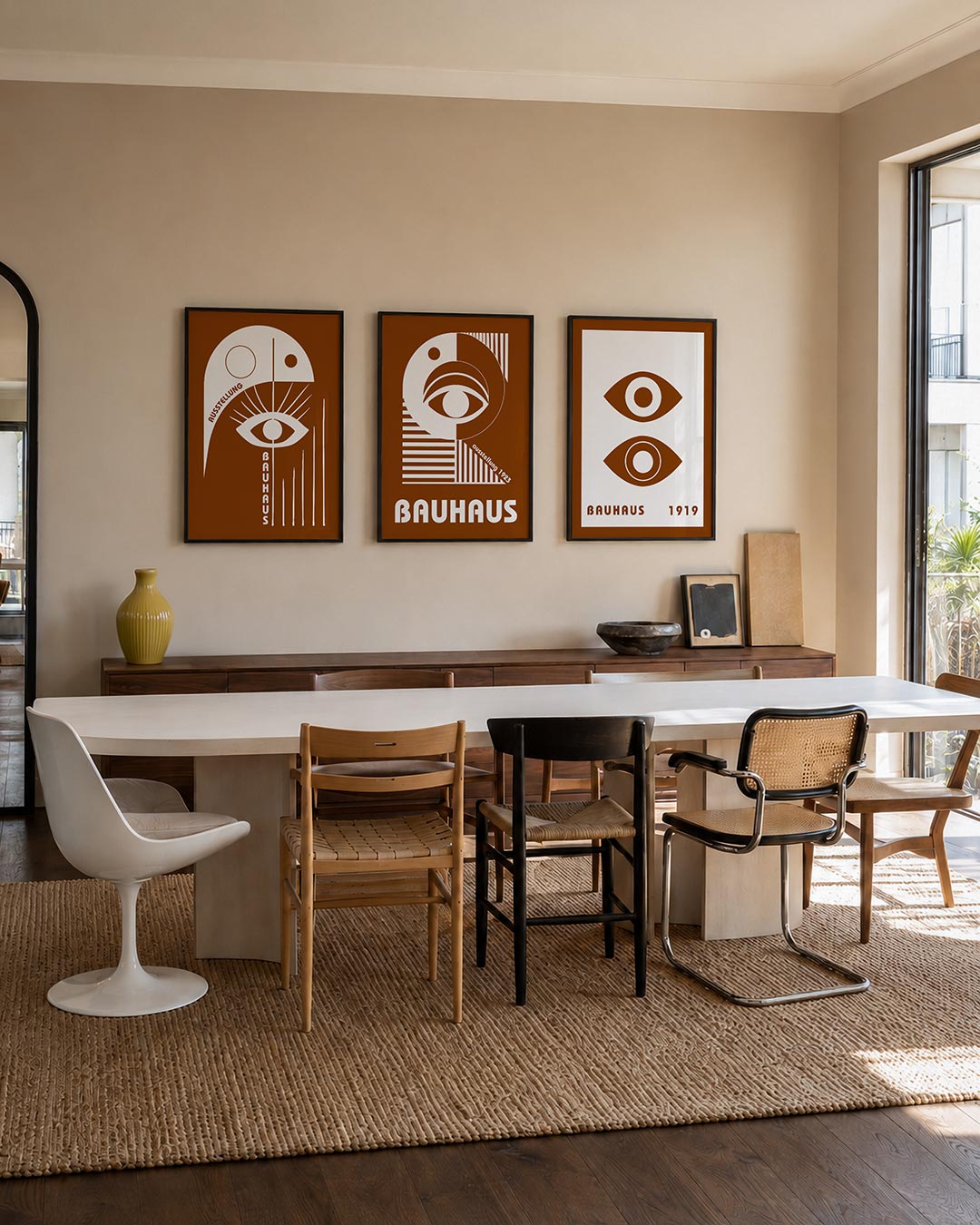 Oog en lijnen posterset – tweede productweergave – deze posterset in drie delen toont een wit oog met stralen op een bruine