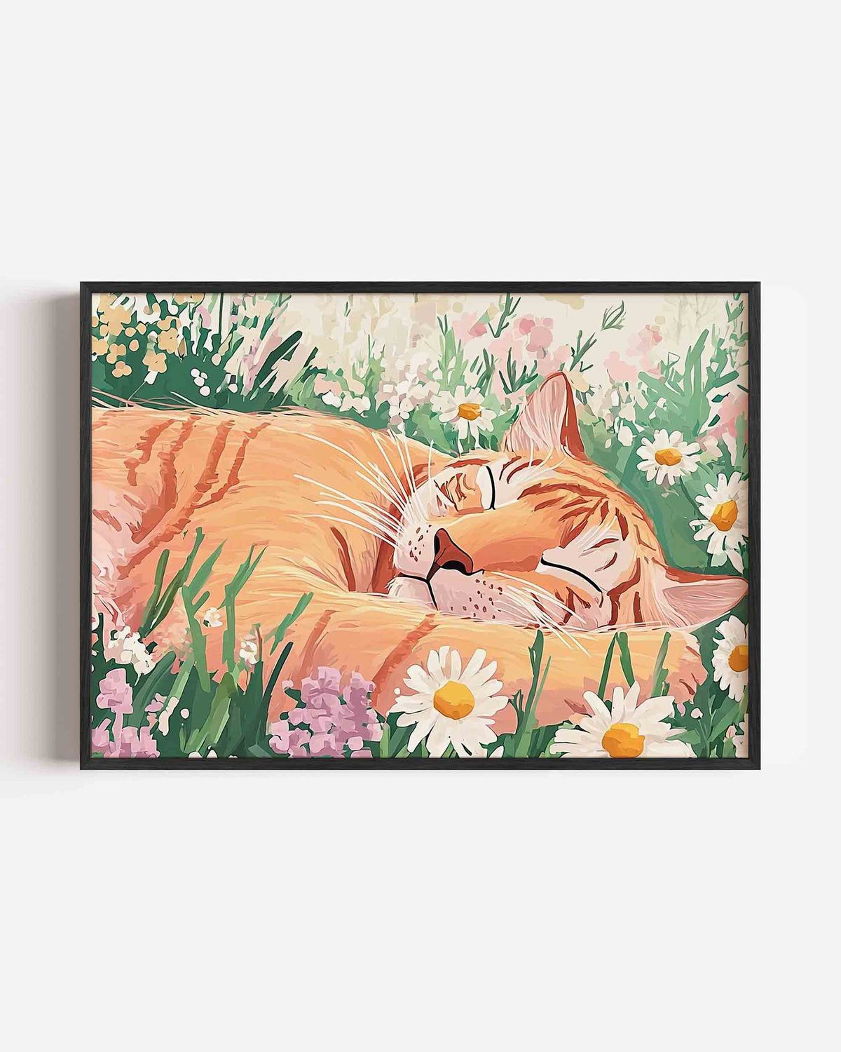 Slapende kat in bloemen – dieren landscape poster als wanddecoratie