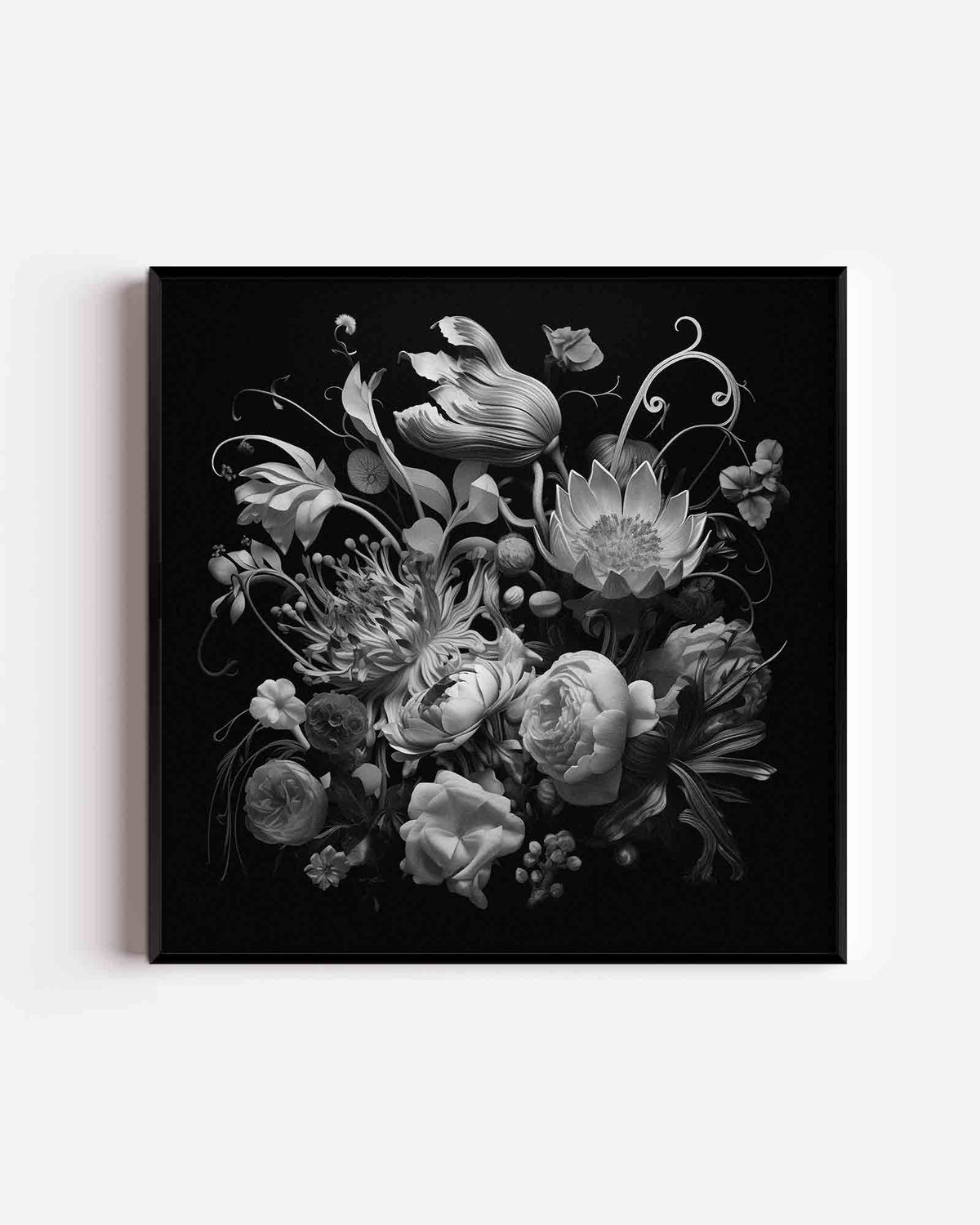 Bloemen in zwart wit – vierkante poster met kleur en vormen als wanddecoratie