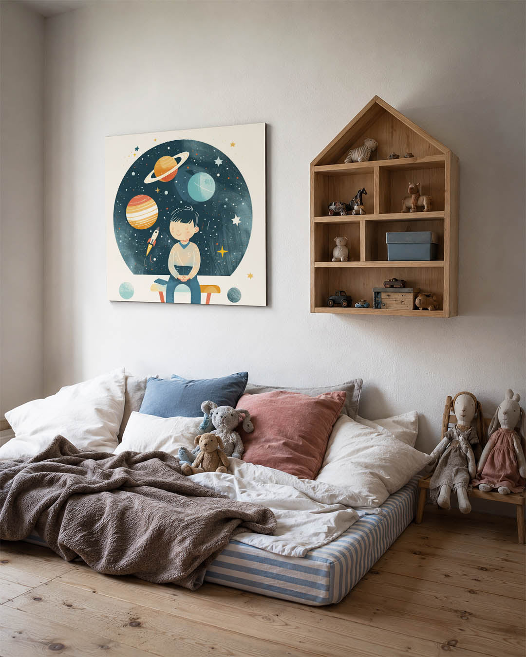 Dromerige ruimte illustratie kunstwerk – derde productweergave – dit kunstwerk toont een kind dat dromerig naar de sterren