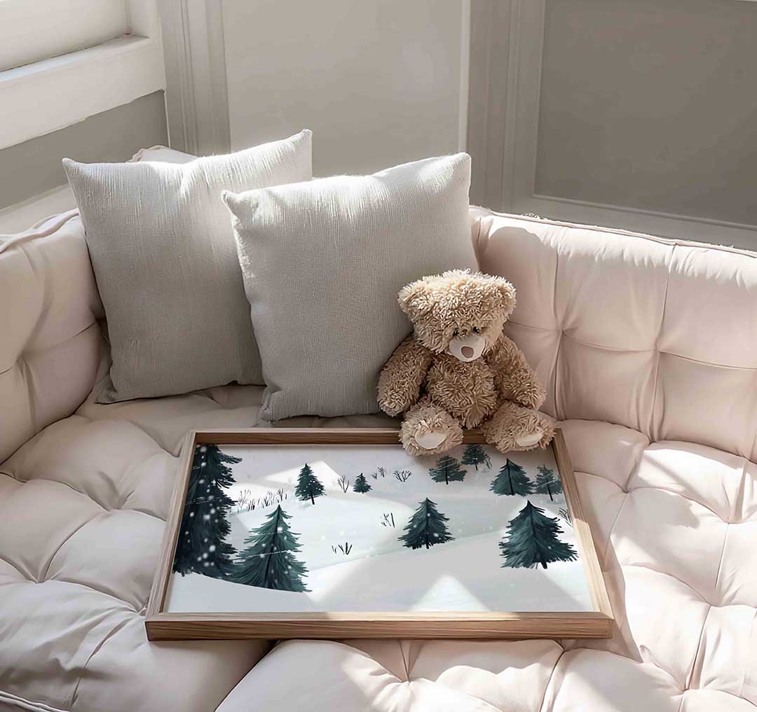 Winterlandschap met dennenbomen – liggende kinderkamer wanddecoratie van WallArtistic