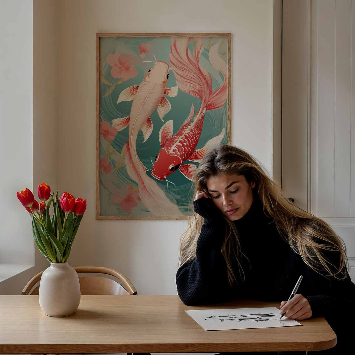 Vrolijke Koi Karper Kunst – staande muurposter met zomerse uitstraling
