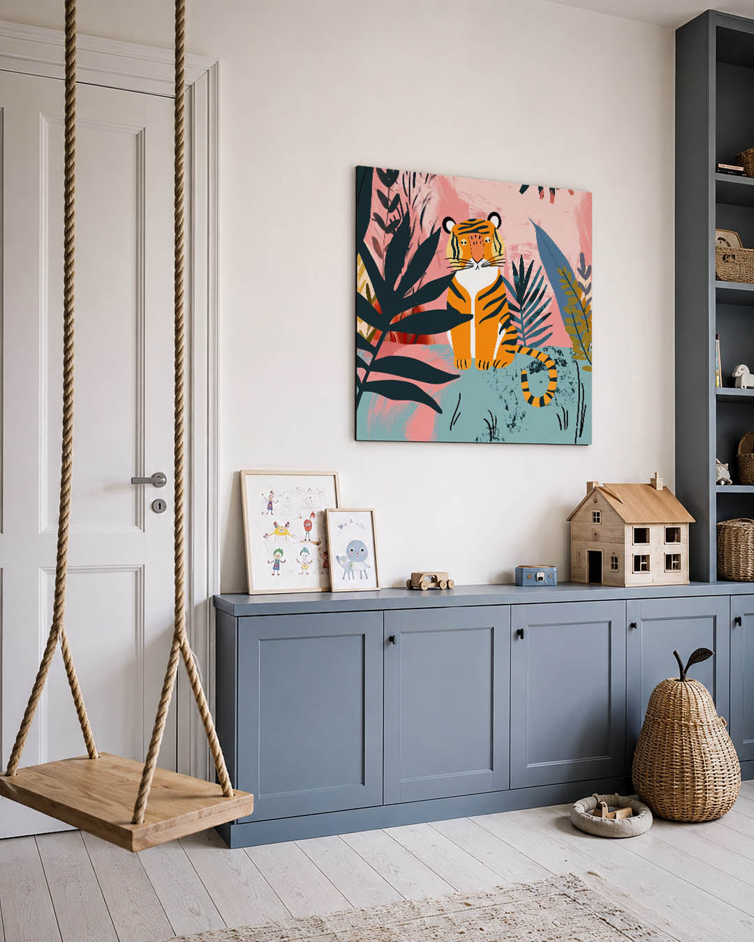 Tropische tijger illustratie kunstwerk – vierkante wanddecoratie – dit werk toont een kleurrijke tijger omringd door