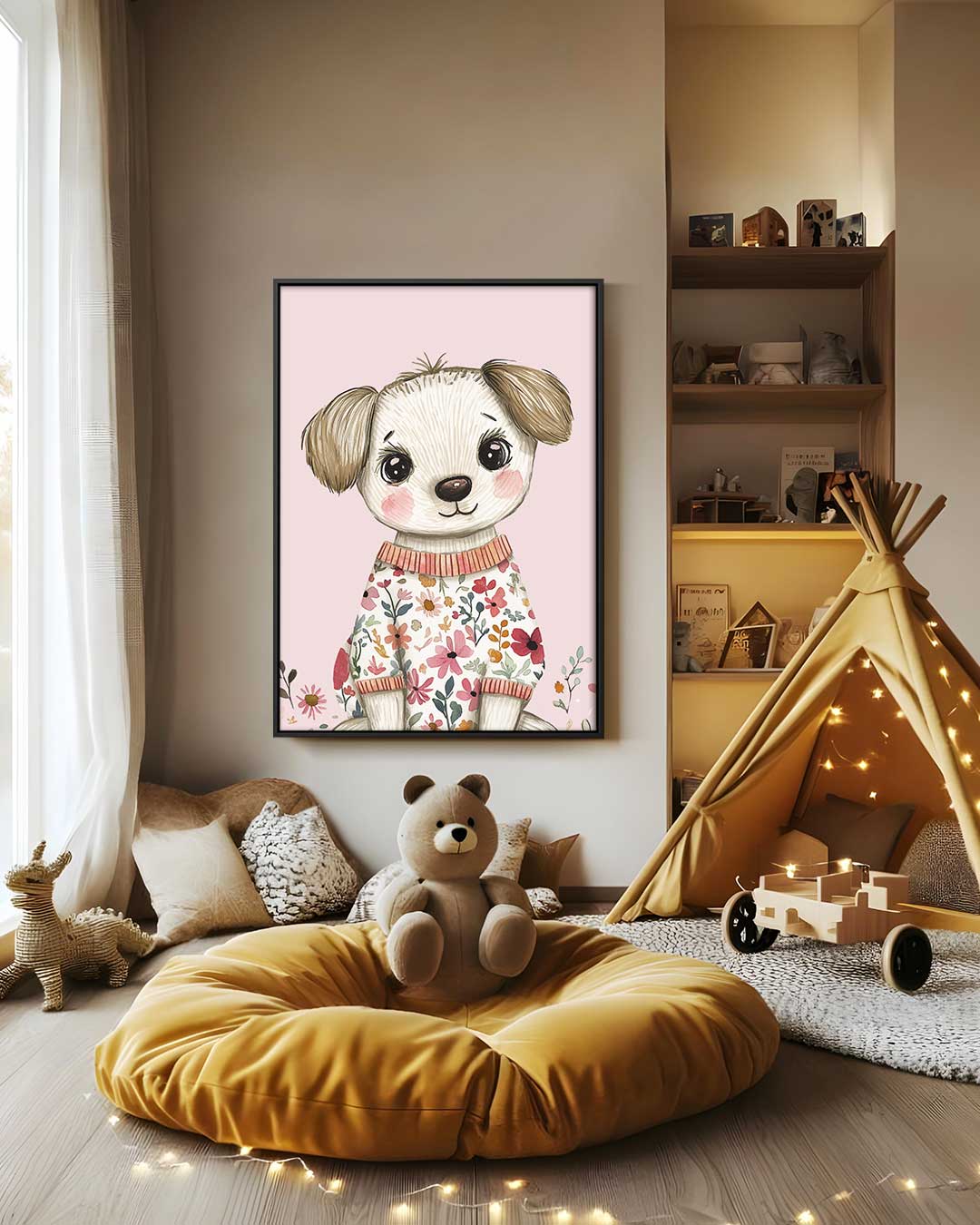 Schattig Bloemenhondje – staand kunstwerk voor modern interieur