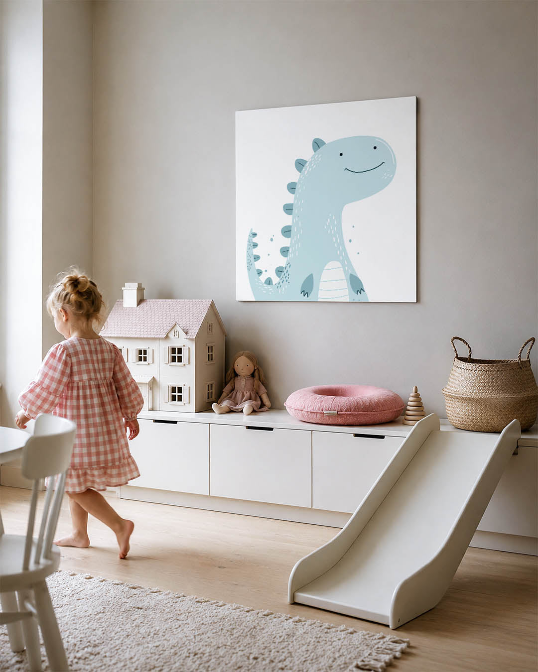 Vrolijke dinosaurus illustratie kunstwerk – tweede productweergave – dit kunstwerk toont een schattige dinosaurus met een
