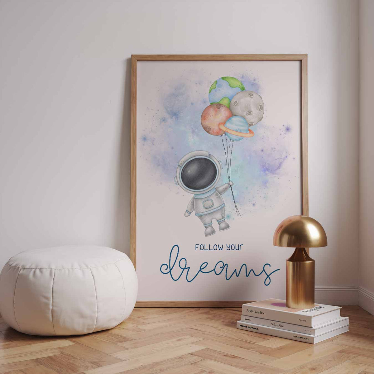 Dromerige Astronauten – speelse wandkunst als portret kinderposter