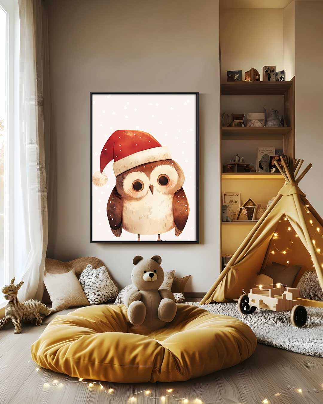 Schattige Uil met Kerstmuts – staand kunstwerk voor modern interieur
