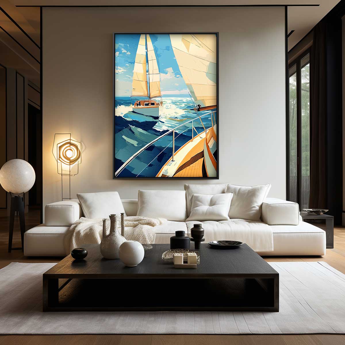 Zeilavontuur op Zee – kunstwerk met zwarte baklijst