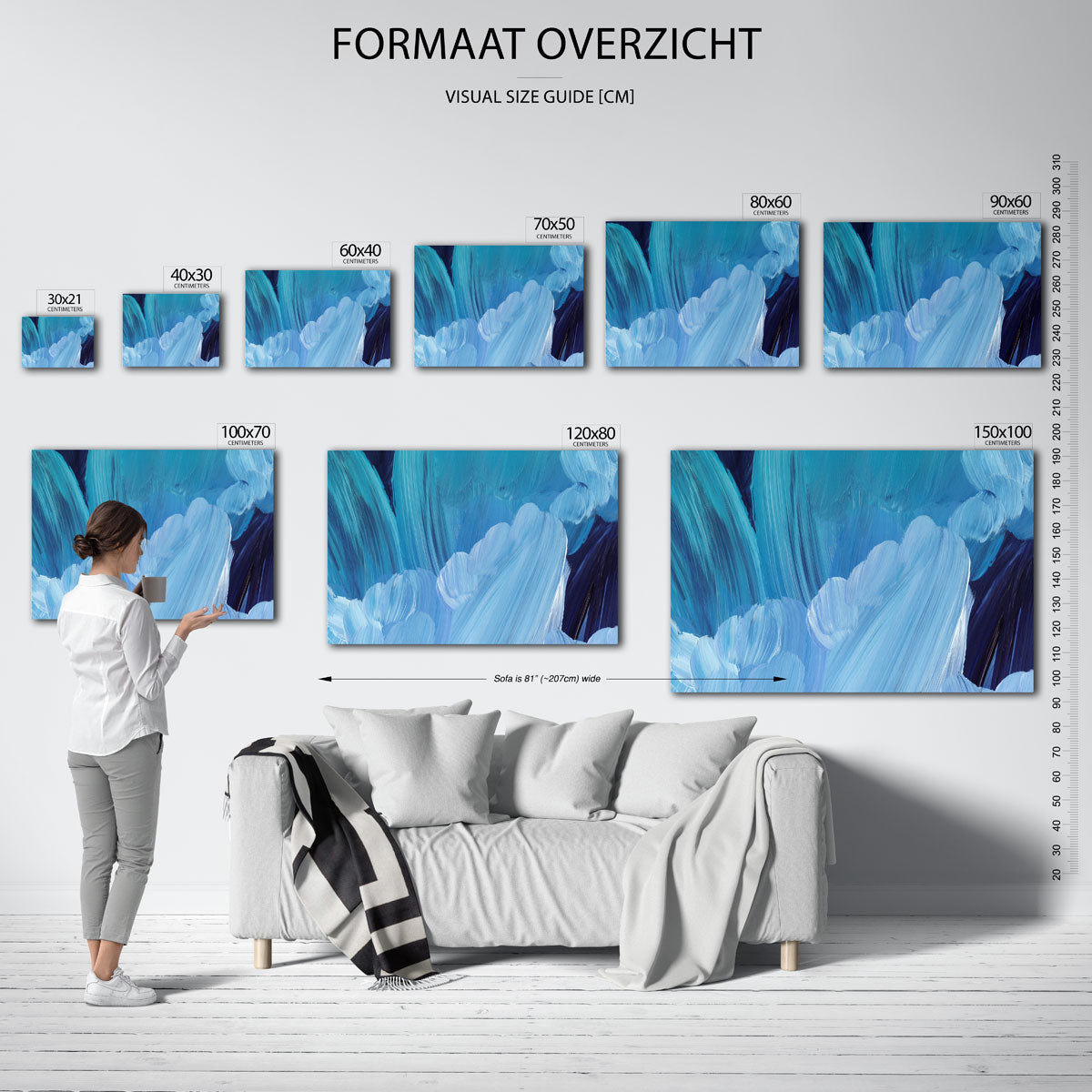 Blauwe penseelstreken – liggende muurposter met artistieke uitstraling