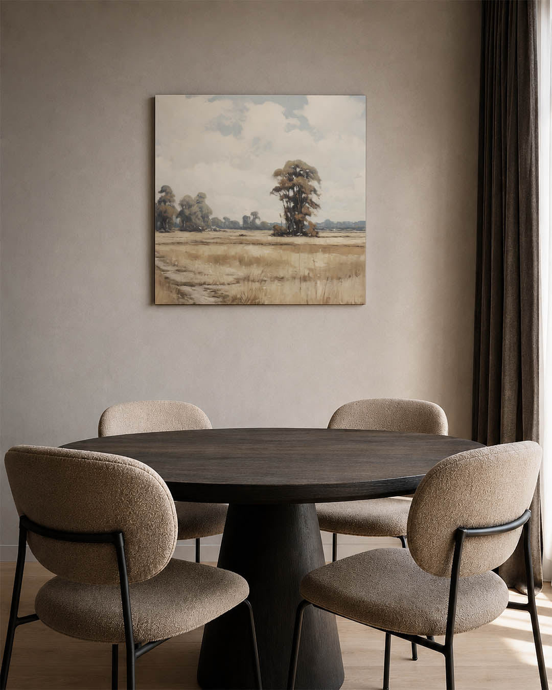 Rustige landschap weergave kunstwerk – vierkante wanddecoratie – dit werk toont een uitgestrekt veld met verspreide bomen