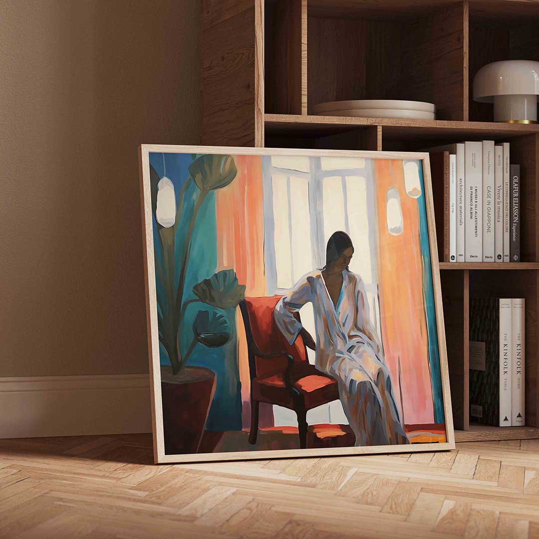 Vrouw in stoel – vierkante portret wanddecoratie van WallArtistic