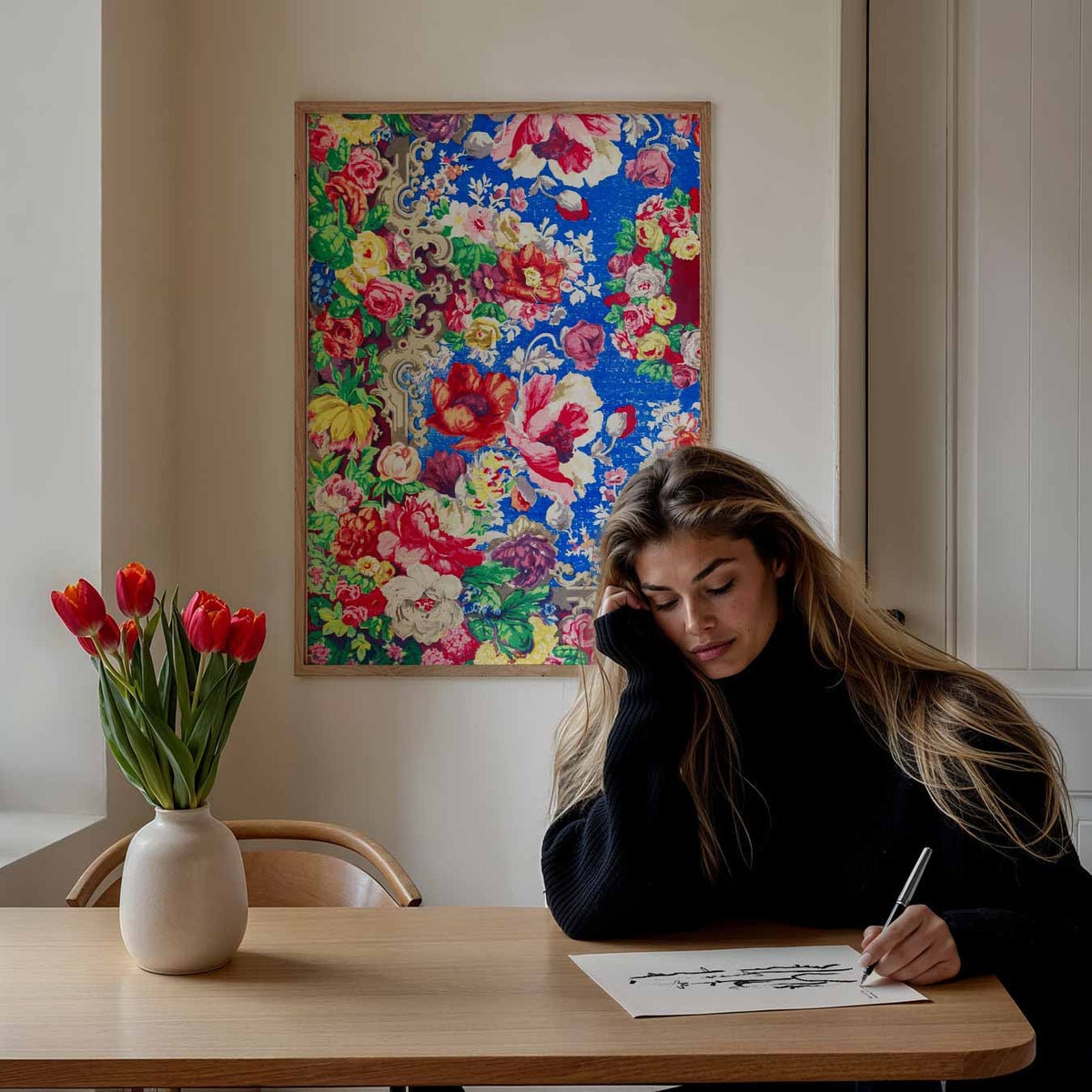 Bloemenpracht op een Hemelsblauwe Achtergrond – Popart poster als moderne urban wanddecoratie
