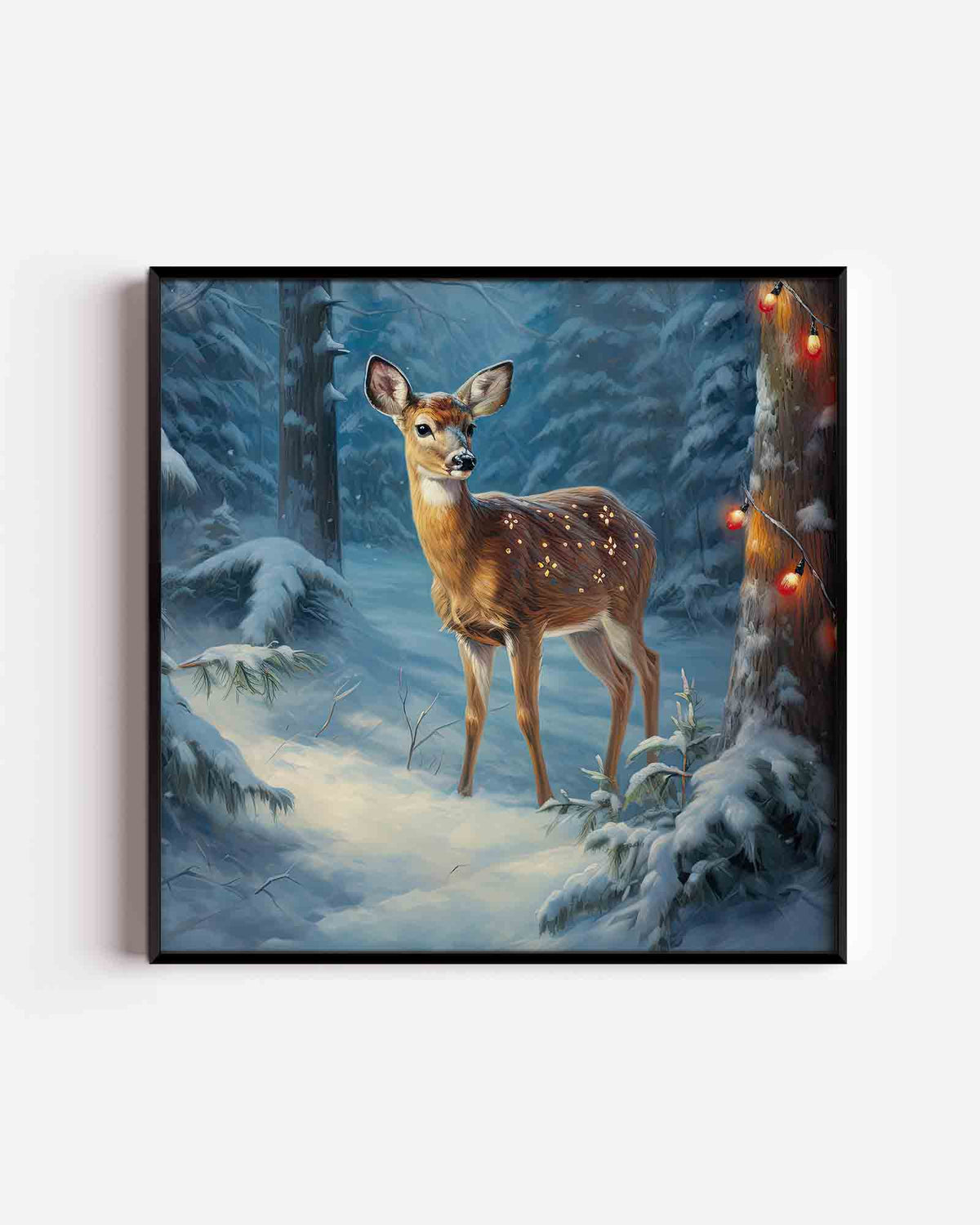 Hert in besneeuwd bos – kerst vierkante poster als wanddecoratie