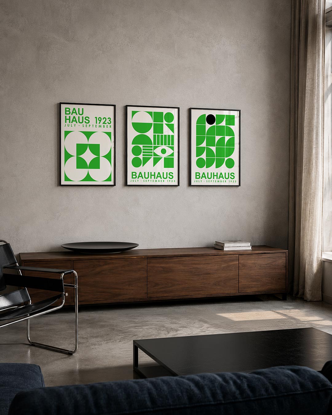 Vormen en kleur driedelige posterset – deze posterset in drie delen toont een levendig spel van groene en witte cirkels en