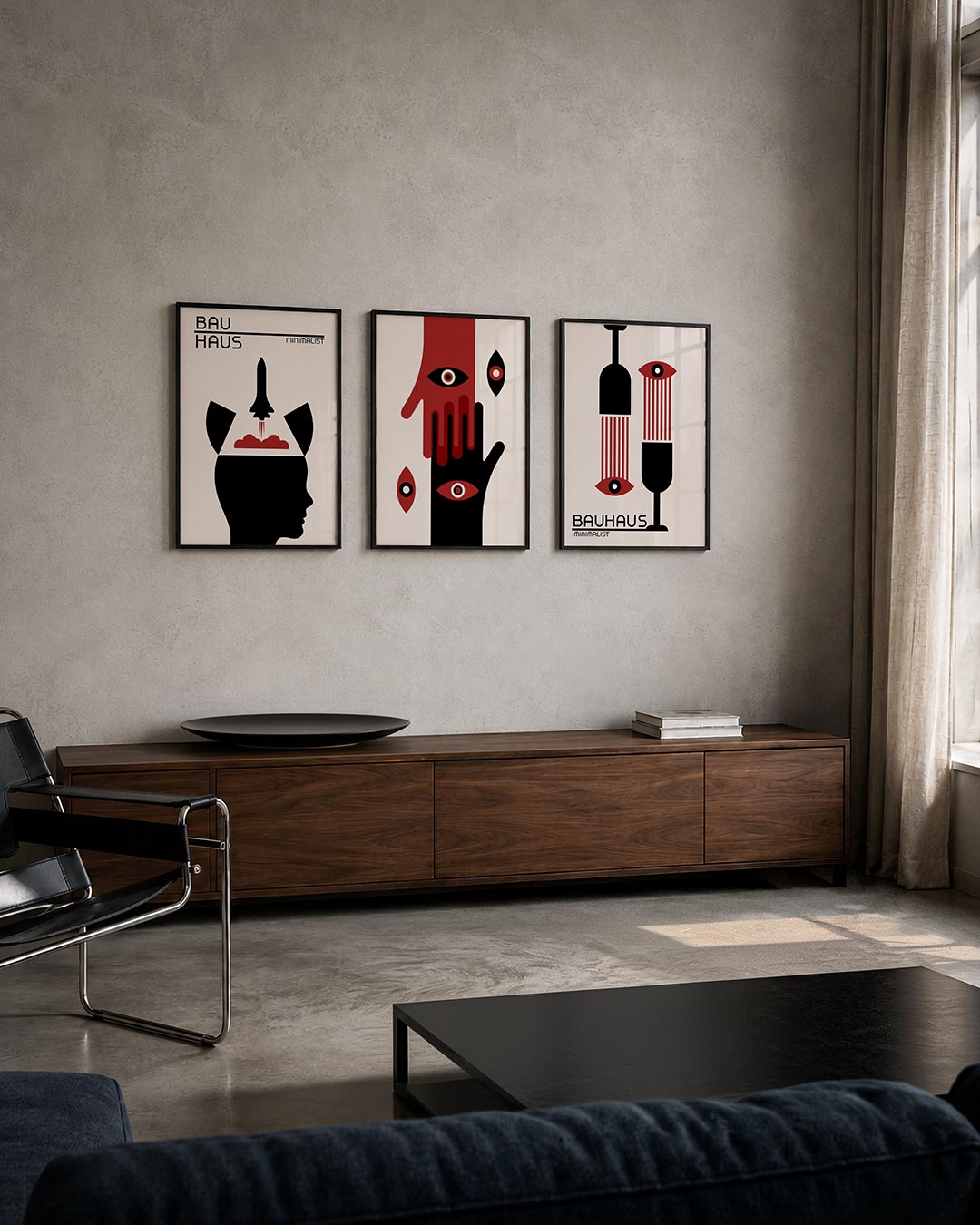 Vorm en ruimte posterset – tweede productweergave – een silhouet met een raket en wolken, in zwart en rood op een lichte