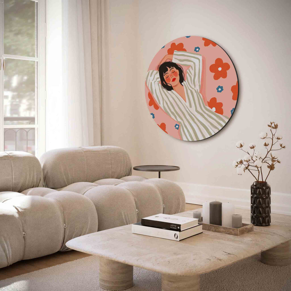 Vrouw met bloemen – illustratie muurcirkel als ronde muurdecoratie