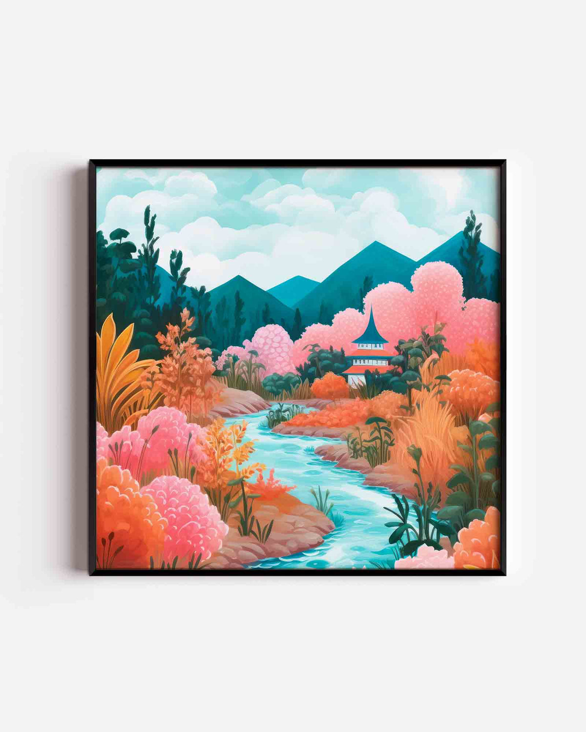 Landschap met bergen en rivier – kleurrijke illustratie poster als wanddecoratie