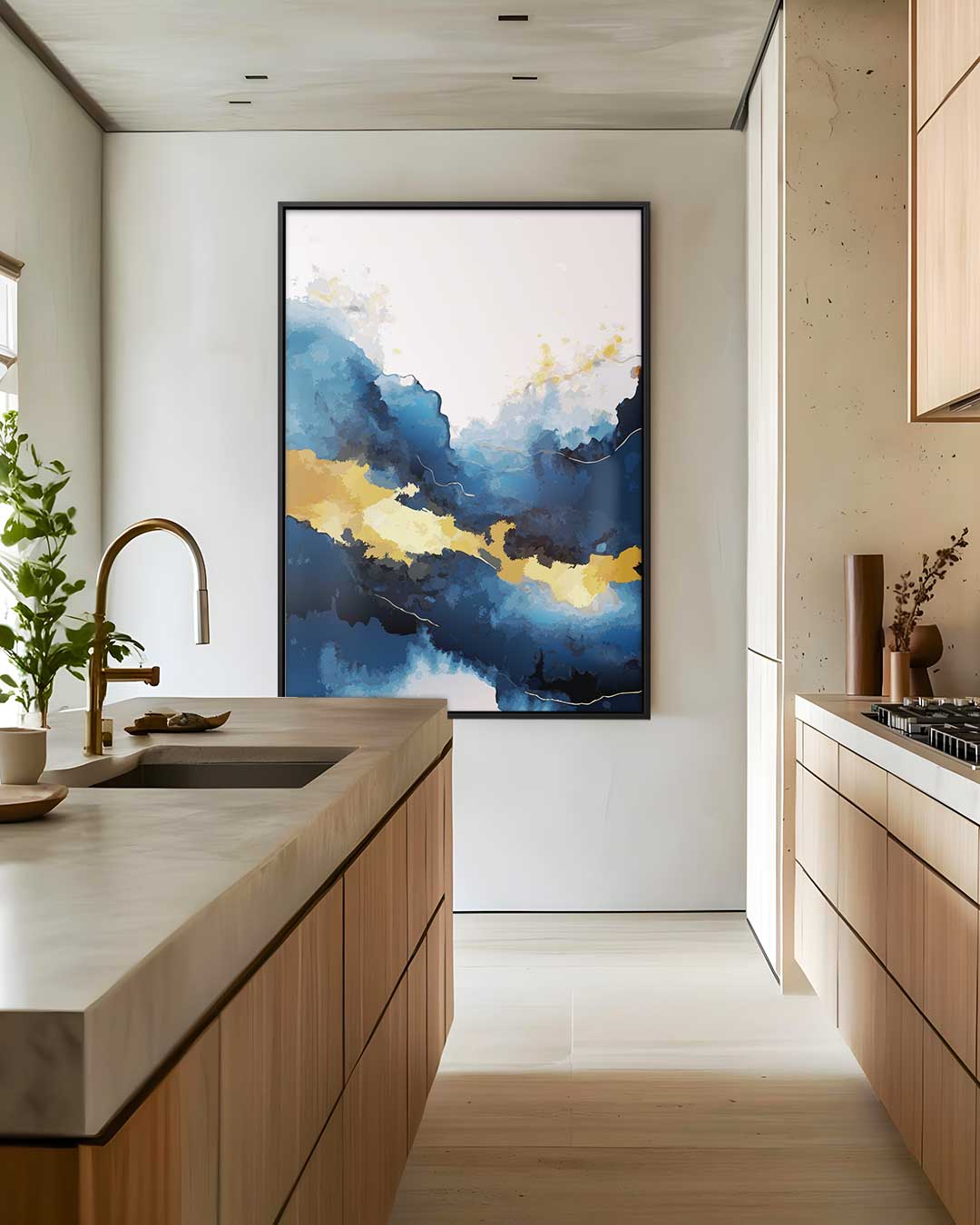 Blauw en Gouden Droomlandschap – dibond wanddecoratie in staand formaat