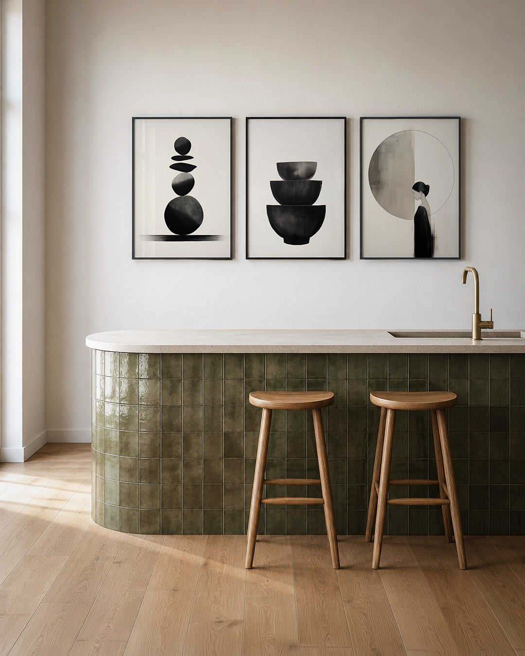 Zwevende vormen posterset – tweede productweergave – deze posterset toont een reeks zwevende, donkere vormen