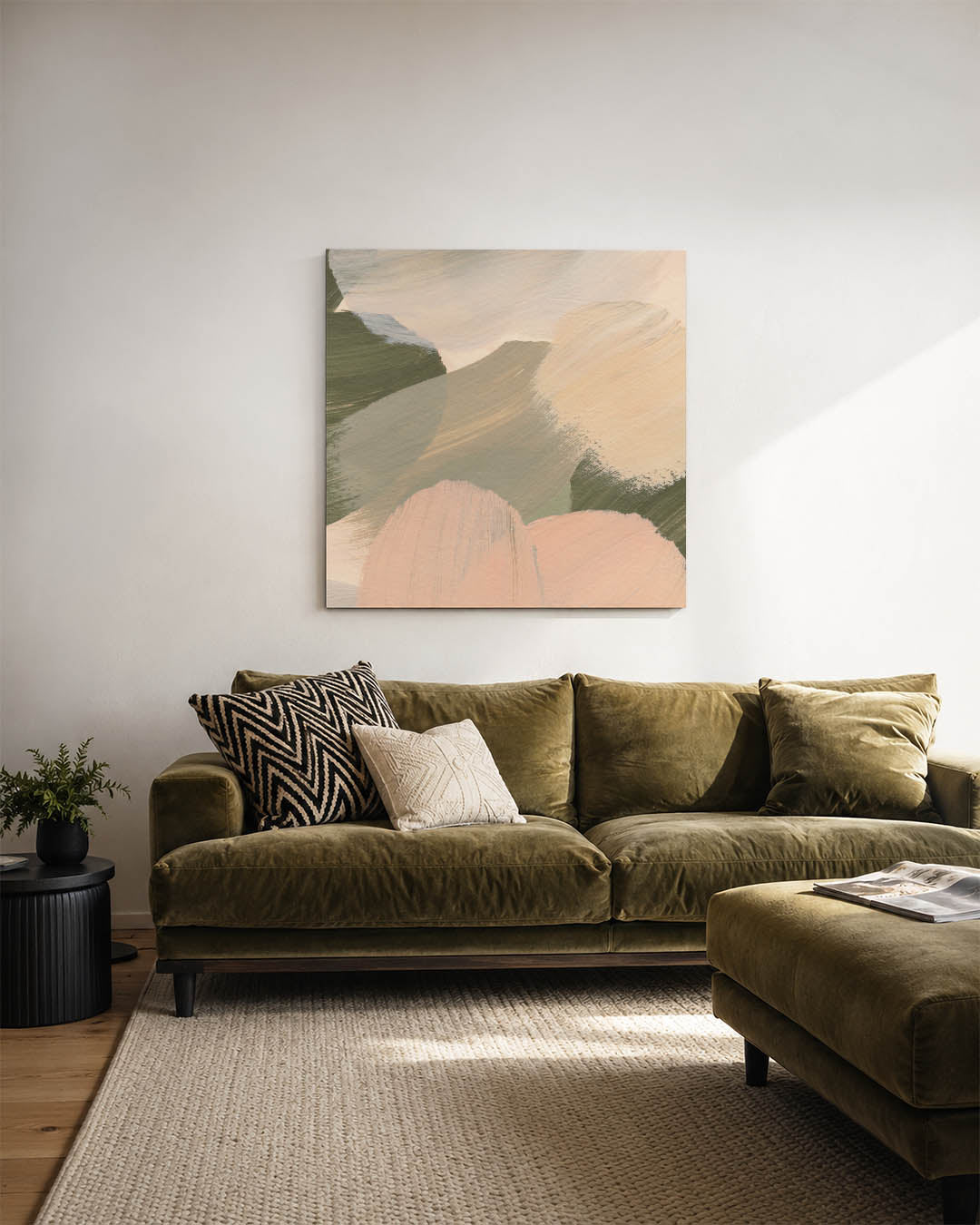Zachte kleuren compositie kunstwerk – sfeerbeeld – dit werk toont vloeiende penseelstreken in zachte tinten, met een harmonie