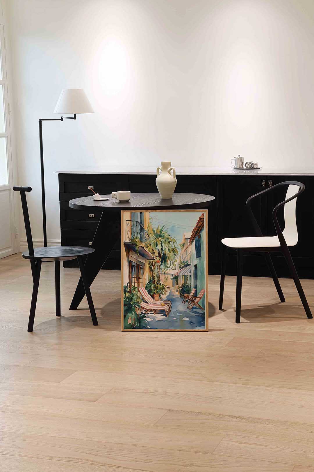 Zomerse straat met ligstoelen – abstracte wandkunst als portret poster