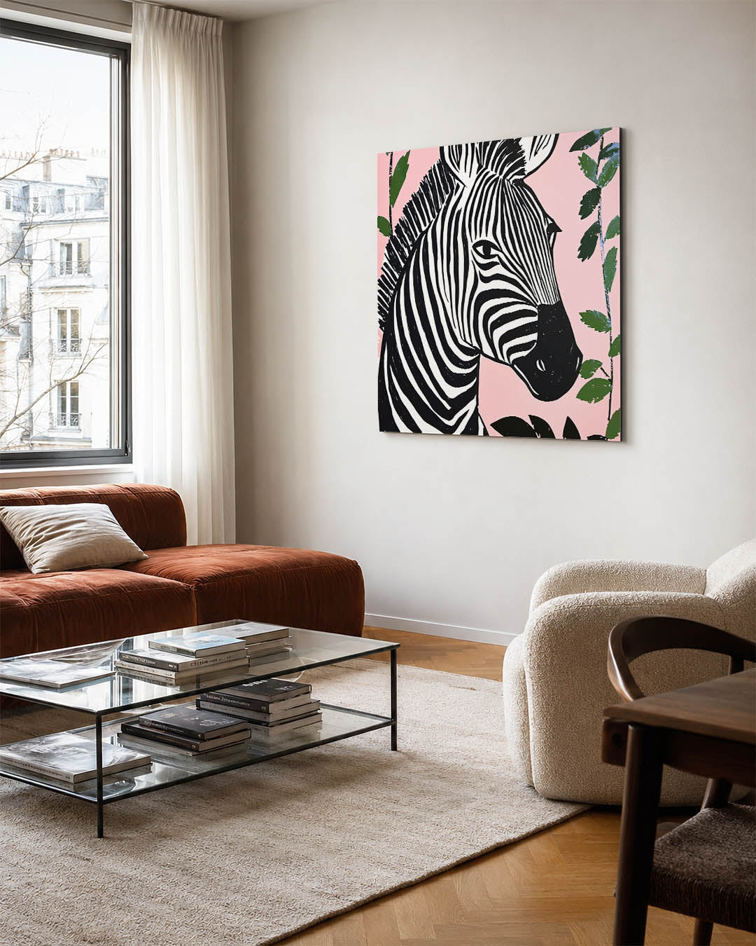 Zebra op roze achtergrond kunstwerk – vierkante wanddecoratie – dit toont een zebra met opvallende zwart-witte strepen tegen