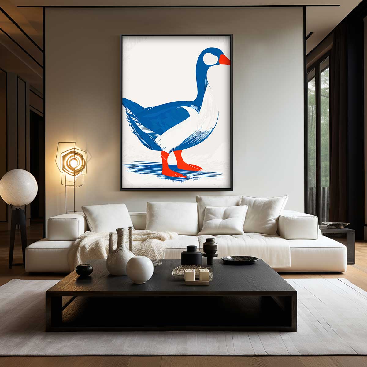 Stijlvolle Eend in Blauw en Rood – staand kunstwerk voor modern interieur